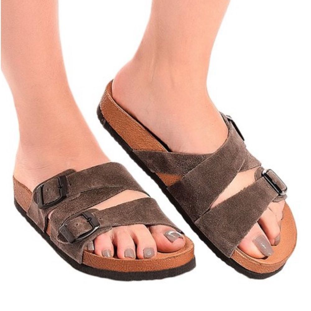 ☀️SALE☀️ Moosefield Brown Suede Double Buckle Slide Sandals Size: 6 (37)